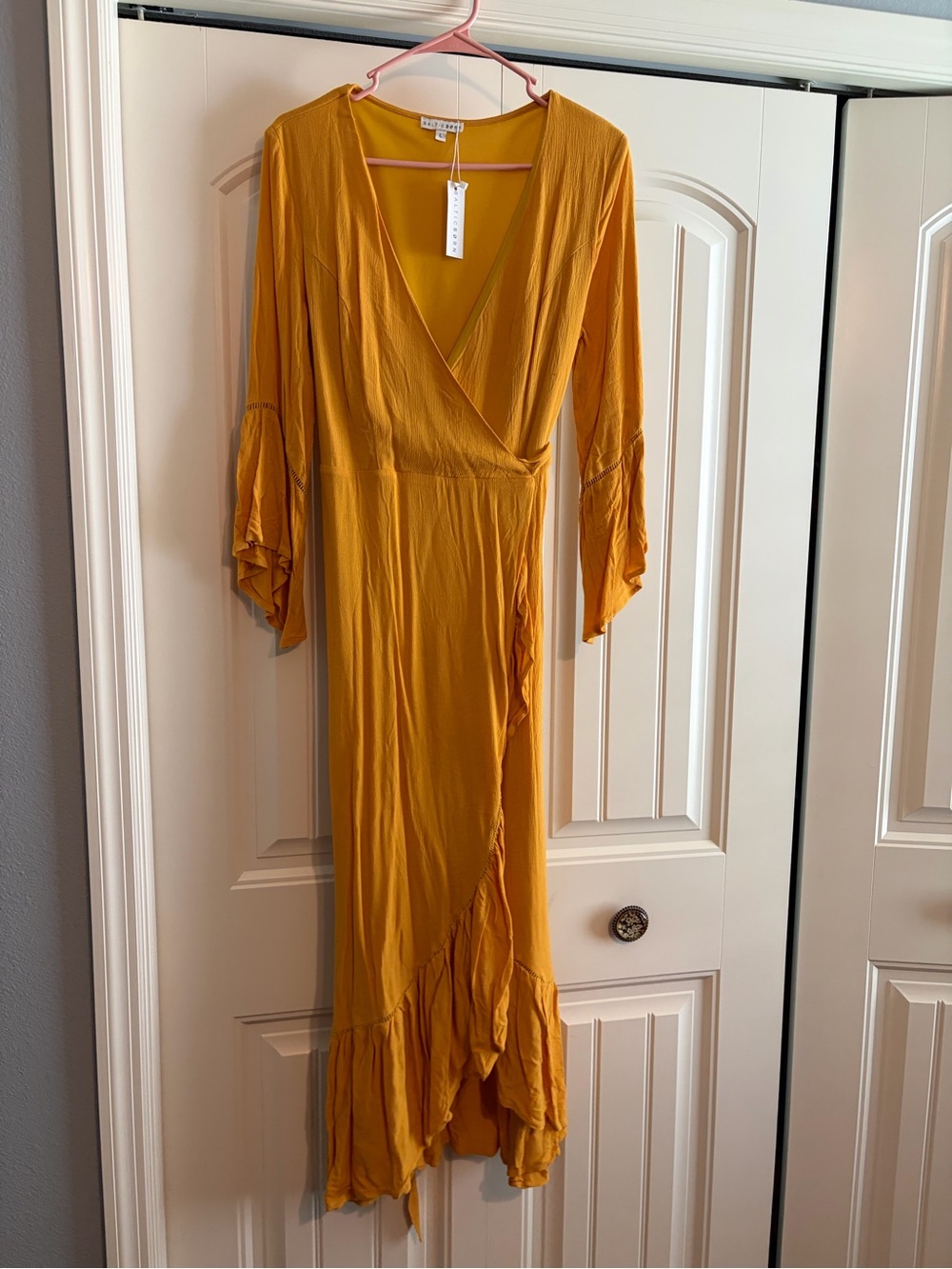 Baltic Born Mustard Yellow Wrap Maxi Dress with Ruffle Hem